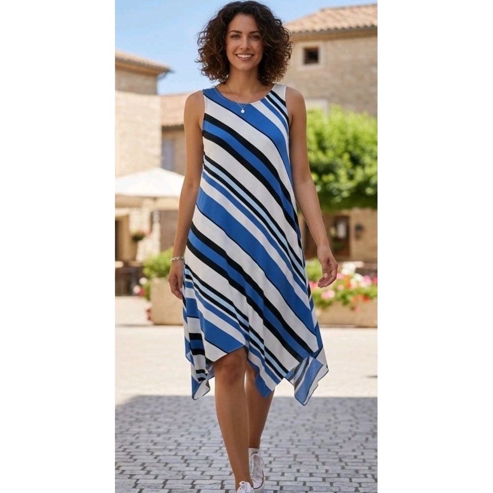 MSK Midi Dress Women's Sz M Striped Asymmetrical Hem Sleeveless Blue Black White
